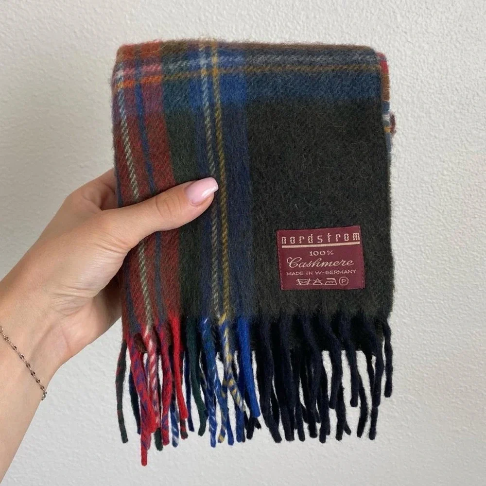 Vintage Nordstrom Cashmere Green and Red Fringe Plaid Scarf Made in Germany